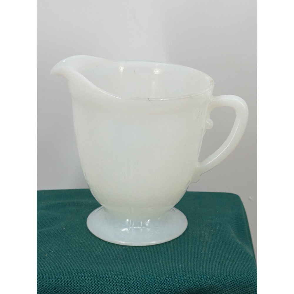 Vintage Embossed Floral Milk Glass Creamer Footed White Opalescent Pitcher